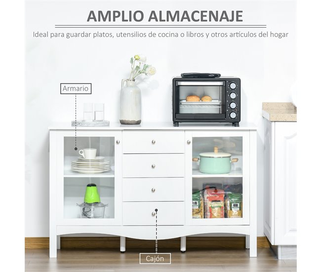 Aparador de Cocina MDF, Vidrio Templado HOMCOM 136 Blanco