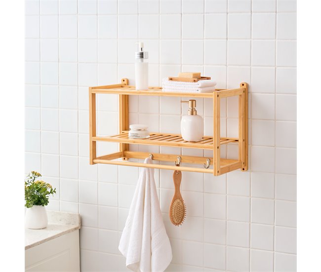 Estantería de pared Thyborøn con toallero y ganchos bambú Natural