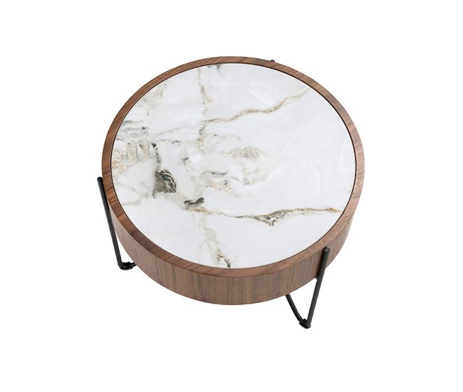 ANGEL CERDÁ Mesa rincón redonda mármol porcelánico Blanco/ Madera