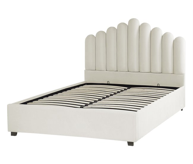 Beliani Cama con almacenaje Terciopelo VINCENNES 147x214 Blanco/ Beige