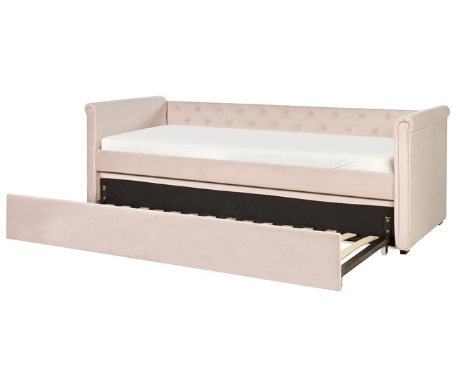 Beliani Cama con somier Terciopelo LIBOURNE 92x220 Rosa Talco