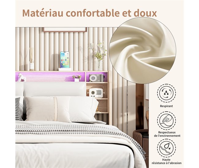 Cama tapizada doble juvenil con LED y almacenamiento hidráulico Blanco