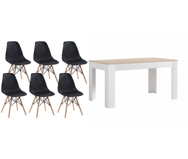 Mesa de Comedor o Cocina + 6 Sillas Estilo Nordico 138x80 Blanco/ Negro