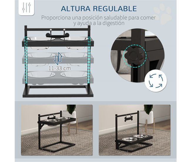 Comedero para Perros Acero, Metal PawHut Negro