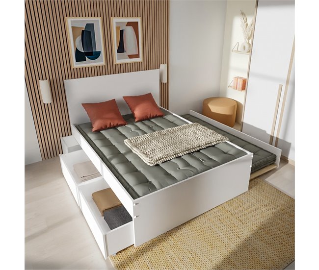 Cama nido ALPHA 140x190cm 2 cajones 1 mesita y cama blanco Blanco