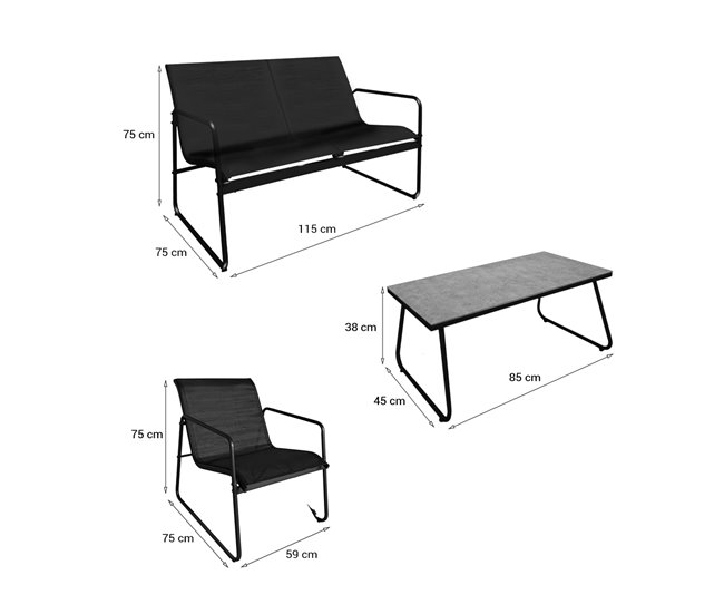 Acomoda Textil – Jardín Sofá + 2 Sillones + Mesa (4 Piezas) Negro