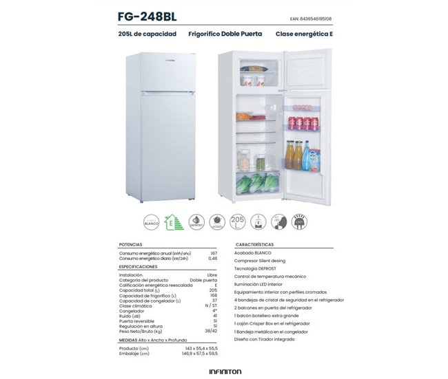 Frigorifico Dos Puertas INFINITON FG-248BL, 205 L Blanco