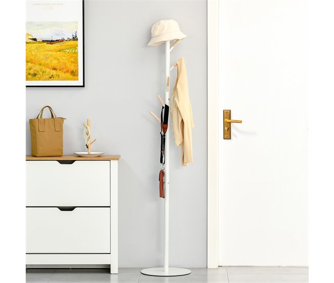 Perchero de Pie Metal, Madera Maciza HOMCOM Blanco