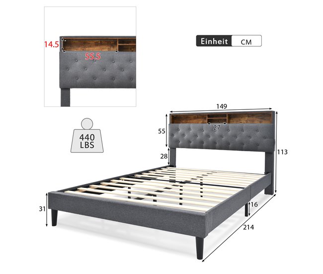 Cama de matrimonio de madera maciza Gris