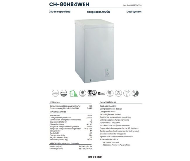 INFINITON Congelador Horizontal CH-80H84WEH, 78 Litros, Fast Freezing, E Blanco