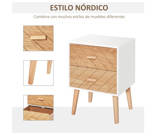 Mesita de Noche MDF y madera maciza HOMCOM 40 Blanco