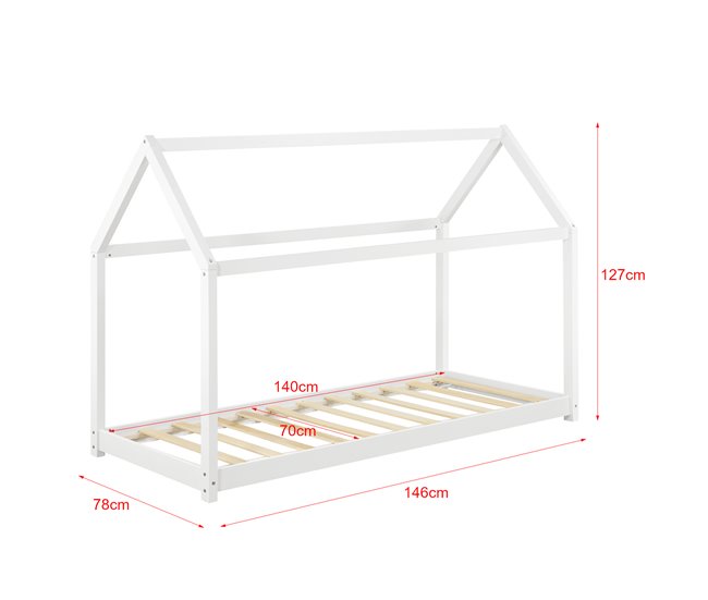 Cama infantil Netstal de madera pino Forma de casa 78x146 Blanco/ Beige