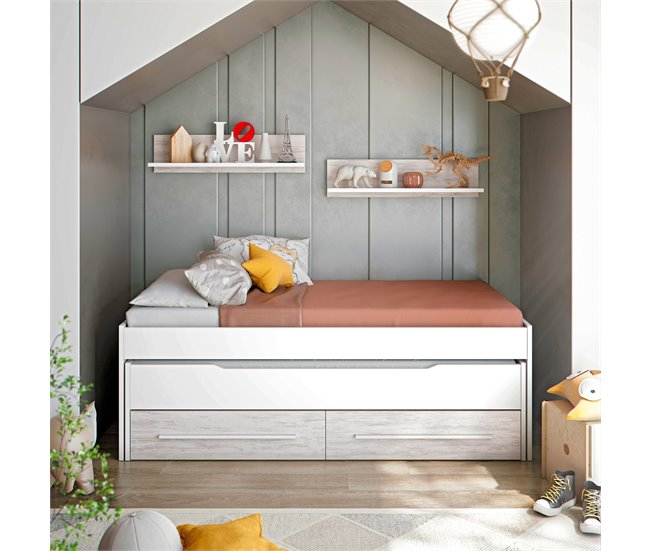 Cama juvenil doble DUO con 2 cajones y 2 estanterias Blanco