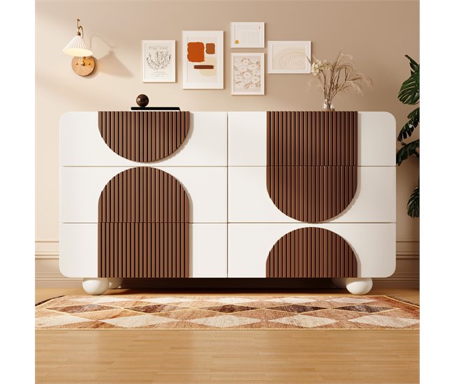 Cómoda doble con 6 cajónes Natural/ Blanco