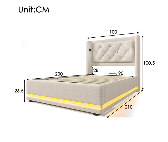 Cama individual de algodón con almacenaje 100x210 Beige