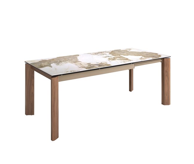ANGEL CERDA Mesa comedor extensible rectangular mármol porcelánico y nogal 200x90 Natural/ Blanco