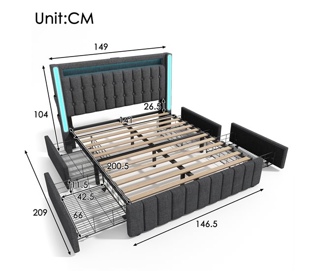Camas de matrimonio 149x209 Gris