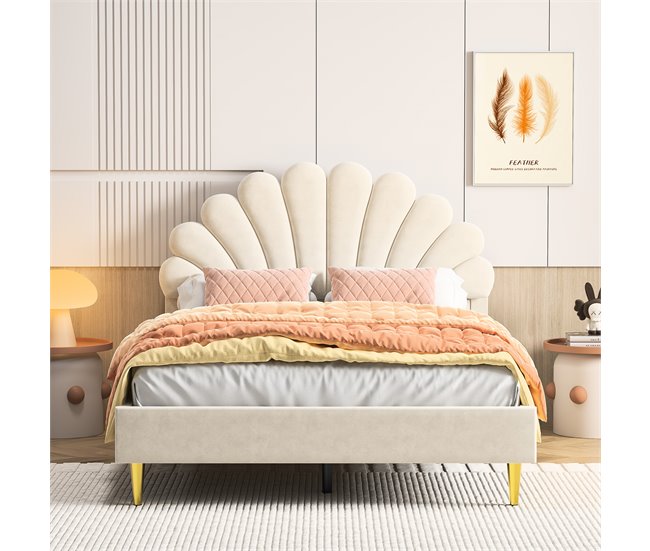 Cama doble acolchada con somier de láminas 140x203 Beige