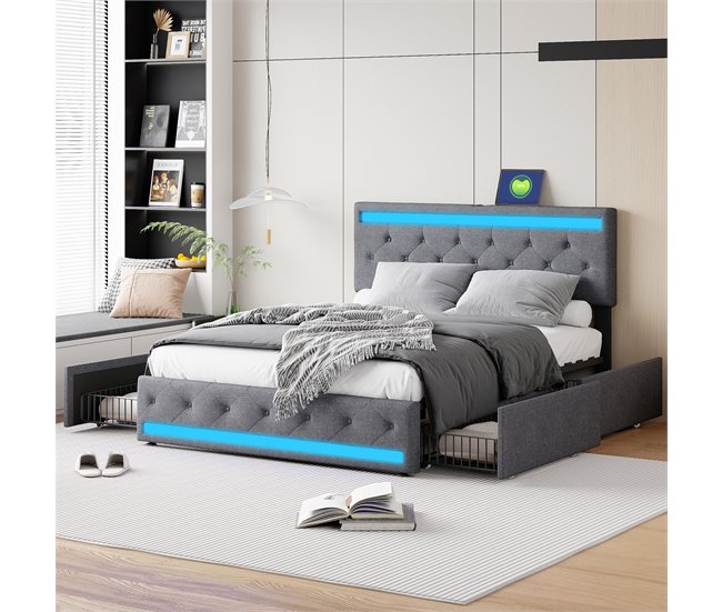Cama doble, LED, USB, 4 cajones 162x210 Gris