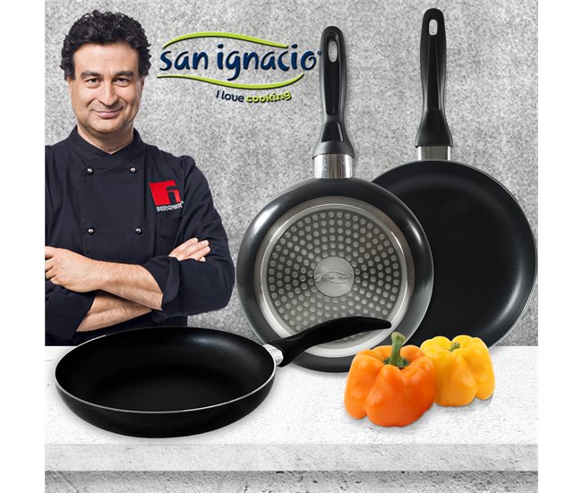 Set Juego de tres sartenes +  Batería de cocina 8 piezas Multicolor
