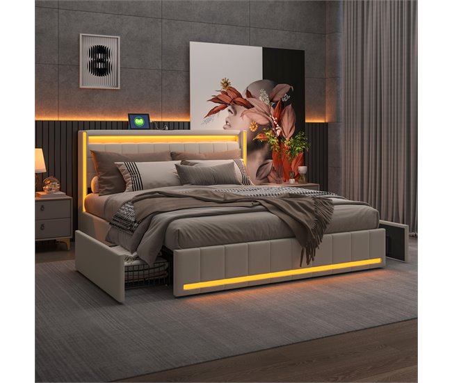 Cama, USB, Tipo C, Cama de Descanso, 4 Cajones, LED 148x213 Beige