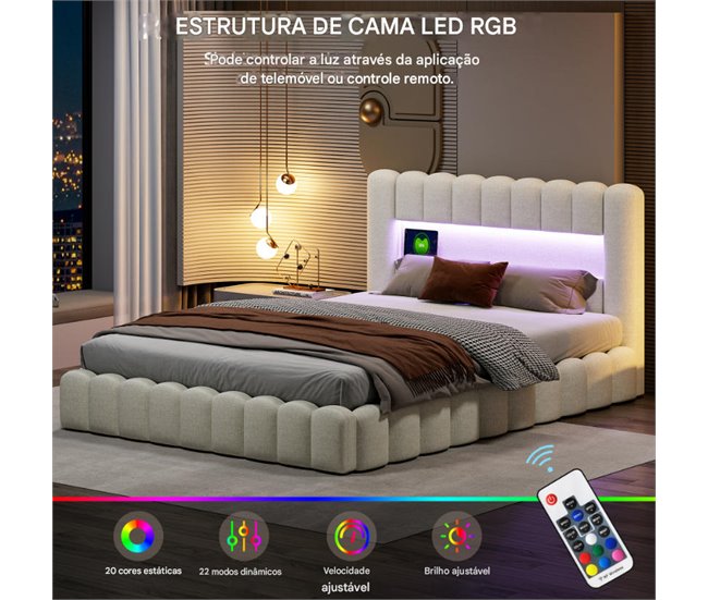 Cama, cama hidráulica, USB, iluminación LED, cama doble 193x220 Beige