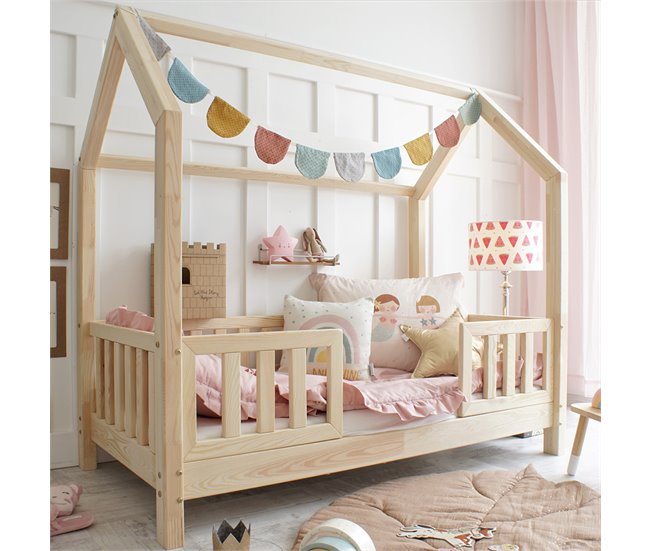 Cama cabaña con barandilla y somier patas de Daisy Madera