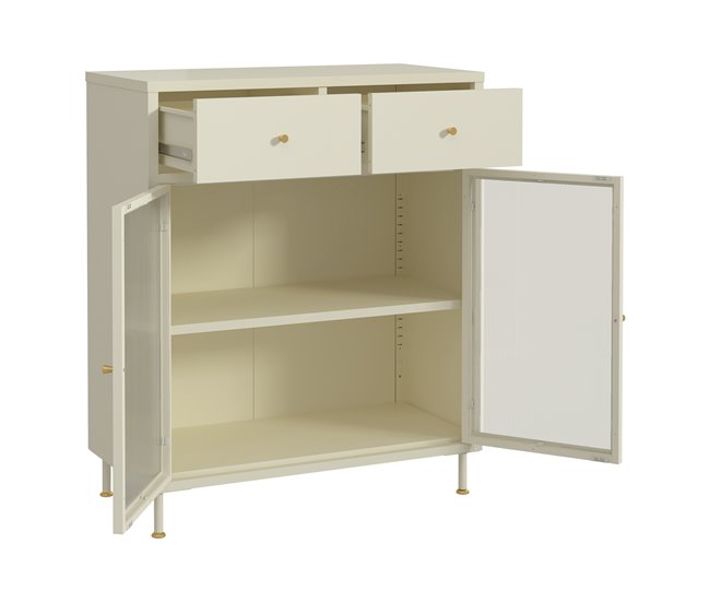 Aparador Lindau con 2 cajones puerta de cristal [en.casa] Crema