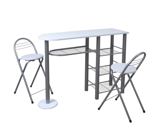 Conjunto barra y 2 taburetes de bar MALACCA II Blanco/ Plateado