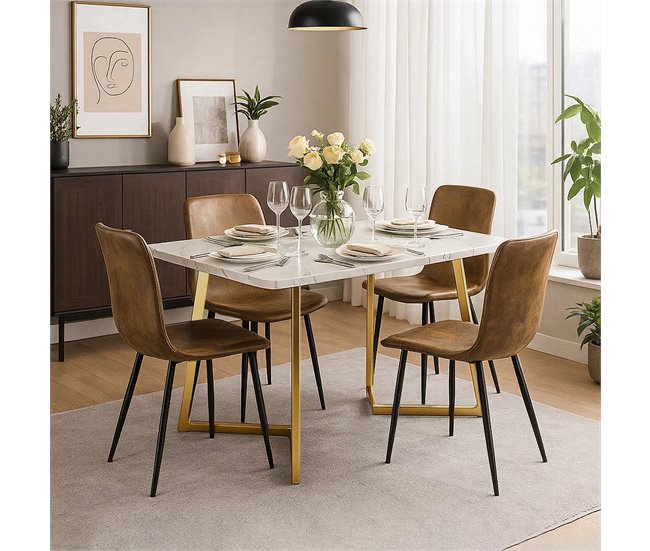 Conjunto mesa rectangular efecto mármol con 4 sillas vintage Blanco