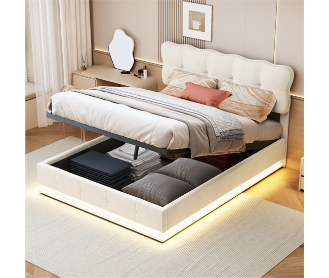 Cama, LED, cama con muelles, cama doble, cama funcional 146x204 Beige