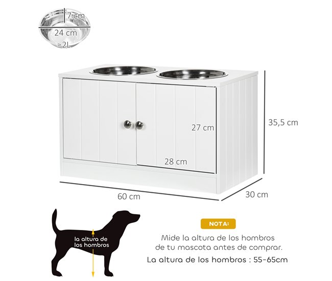 Comedero para Perros MDF, Acero Inoxidable PawHut Blanco