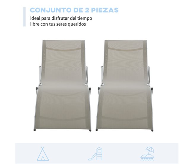 Set de 2 Tumbonas Plegables Aluminio, Texteline Outsunny Gris Claro