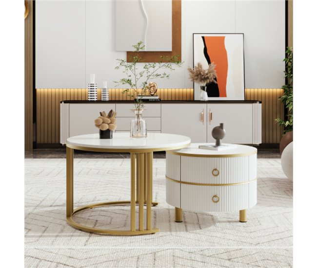 2 en 1, mesa de centro, mesa de salón, 2 cajones 70x70 Blanco