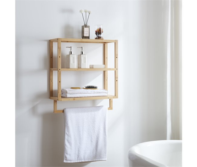 Estantería de pared Östra de 3 niveles con toallero bambú Natural