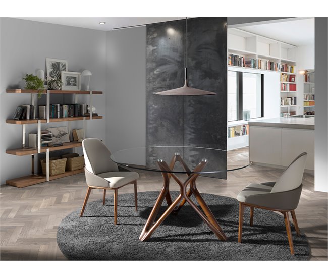 ANGEL CERDA Mesa comedor redonda cristal templado y nogal 130x130 Nogal