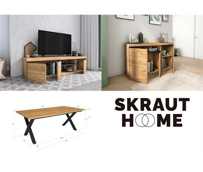 Conjunto Muebles de Salón, Mesa, Aparador, Mueble TV Roble