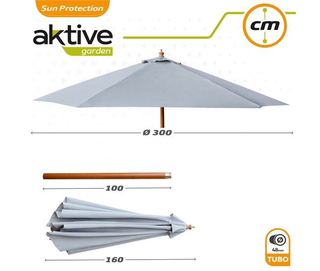Parasol hexagonal 300 cm color antracita mástil madera Aktive Garden Gris