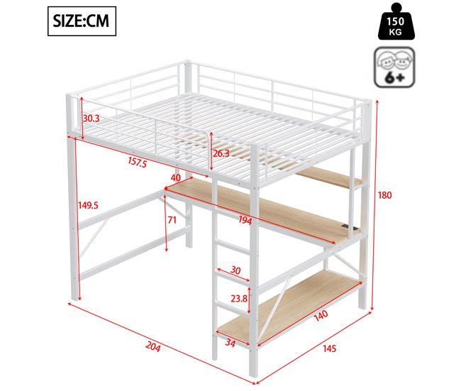 Cama alta para niños 145x204 Blanco