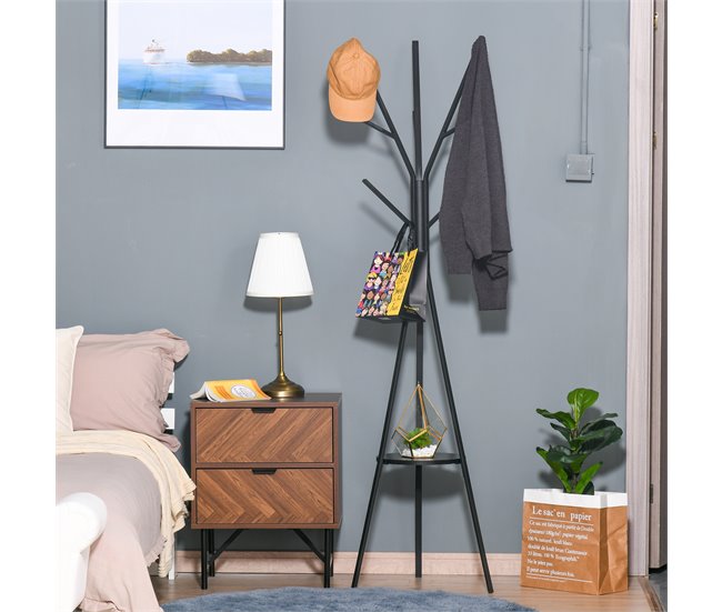 Perchero de Pie Metálico Metal, MDF HOMCOM Negro