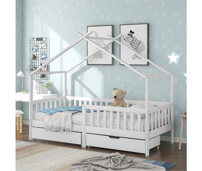 Cama cabaña infantil de madera maciza con 2 cajónes Blanco