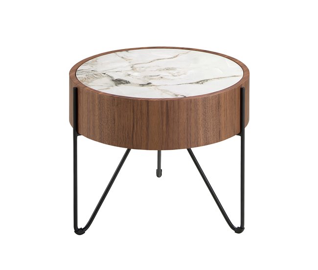ANGEL CERDÁ Mesa rincón redonda mármol porcelánico Blanco/ Madera