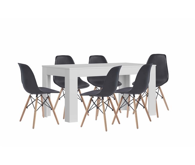 Mesa de Comedor o Cocina + 6 Sillas Estilo Nordico 138x80 Blanco/ Negro