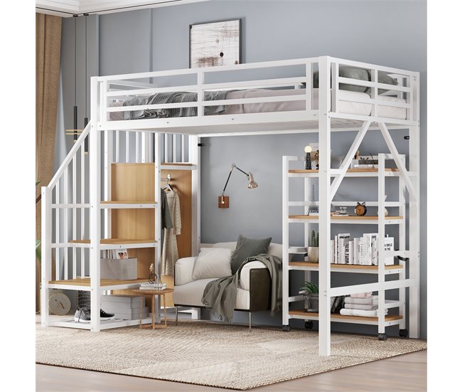 Cama alta de metal Natural/ Blanco