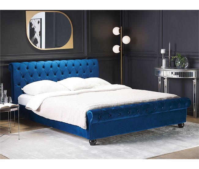Beliani Cama con somier Terciopelo AVALLON 192x233 Azul Marino