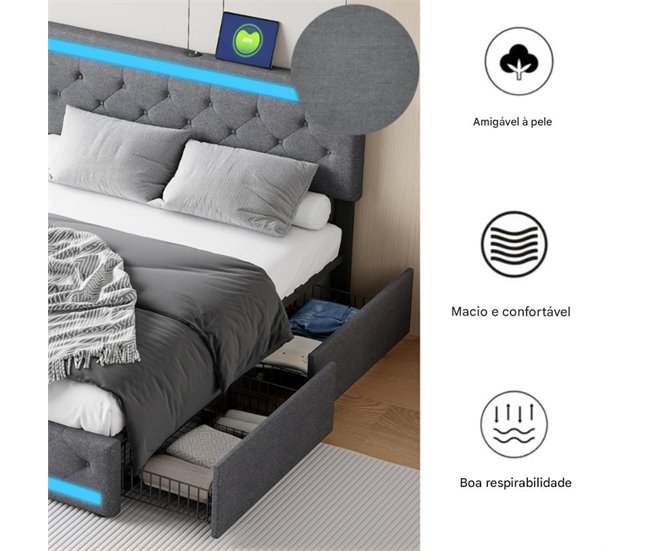 Cama doble, LED, USB, 4 cajones 162x210 Gris