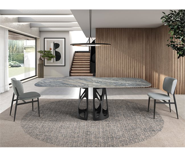 ANGEL CERDA Mesa comedor ovalada barril mármol porcelánico y acero negro 238x110 Azul/ Negro