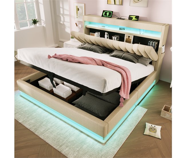 Cama de matrimonio de lino con almacenaje 142x218 Beige