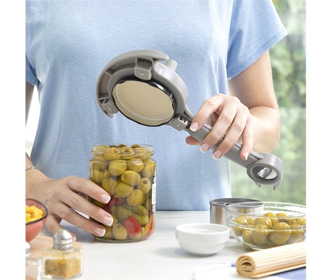 Abrebotes Regulable Multifunción de Tarros, Latas y Botellas Gris