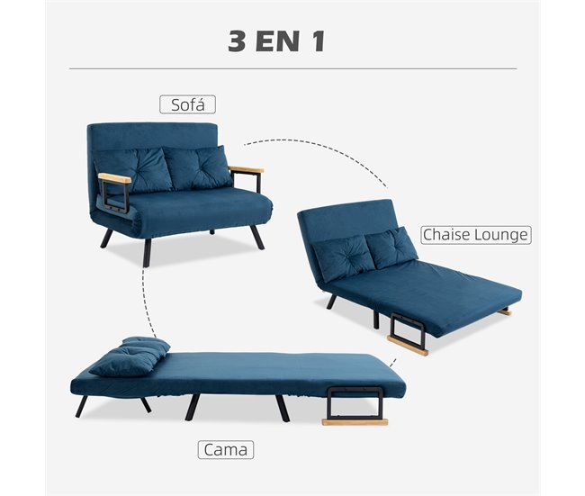 Sofá Cama Acero, Espuma, Poliéster, Madera de Caucho HOMCOM Azul